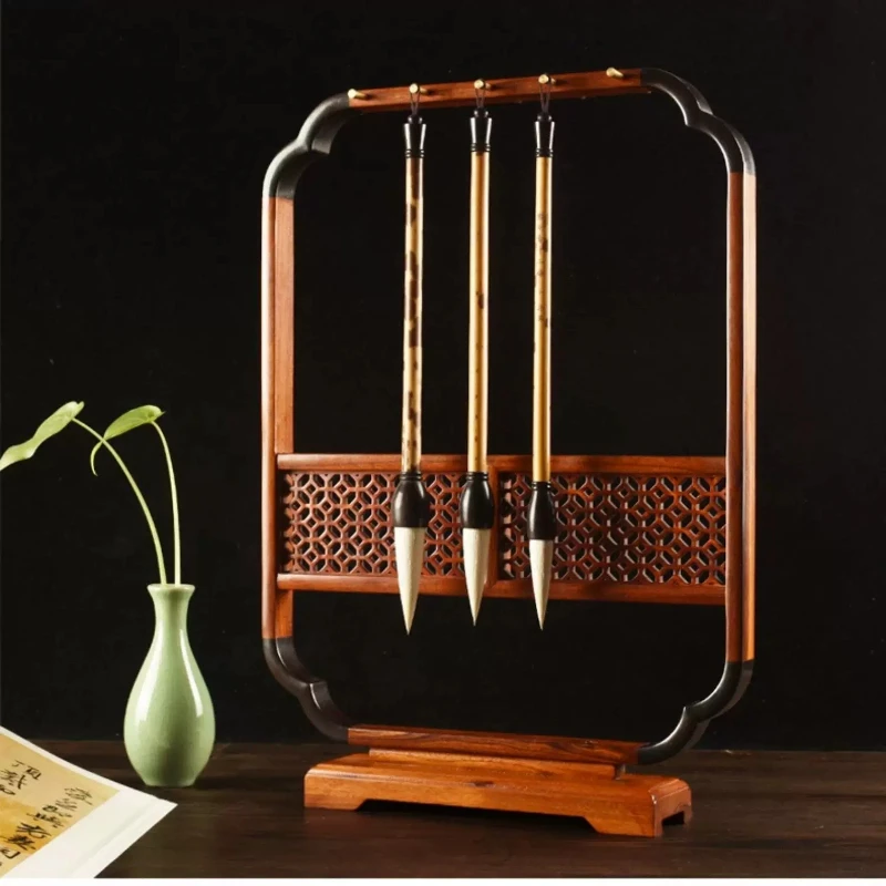 Rosewood Plum Blossom Window Style 10 Pin Brush Stand Large Calligraphy Pen Rack Creative Study Brass Hooks Desk Organizer