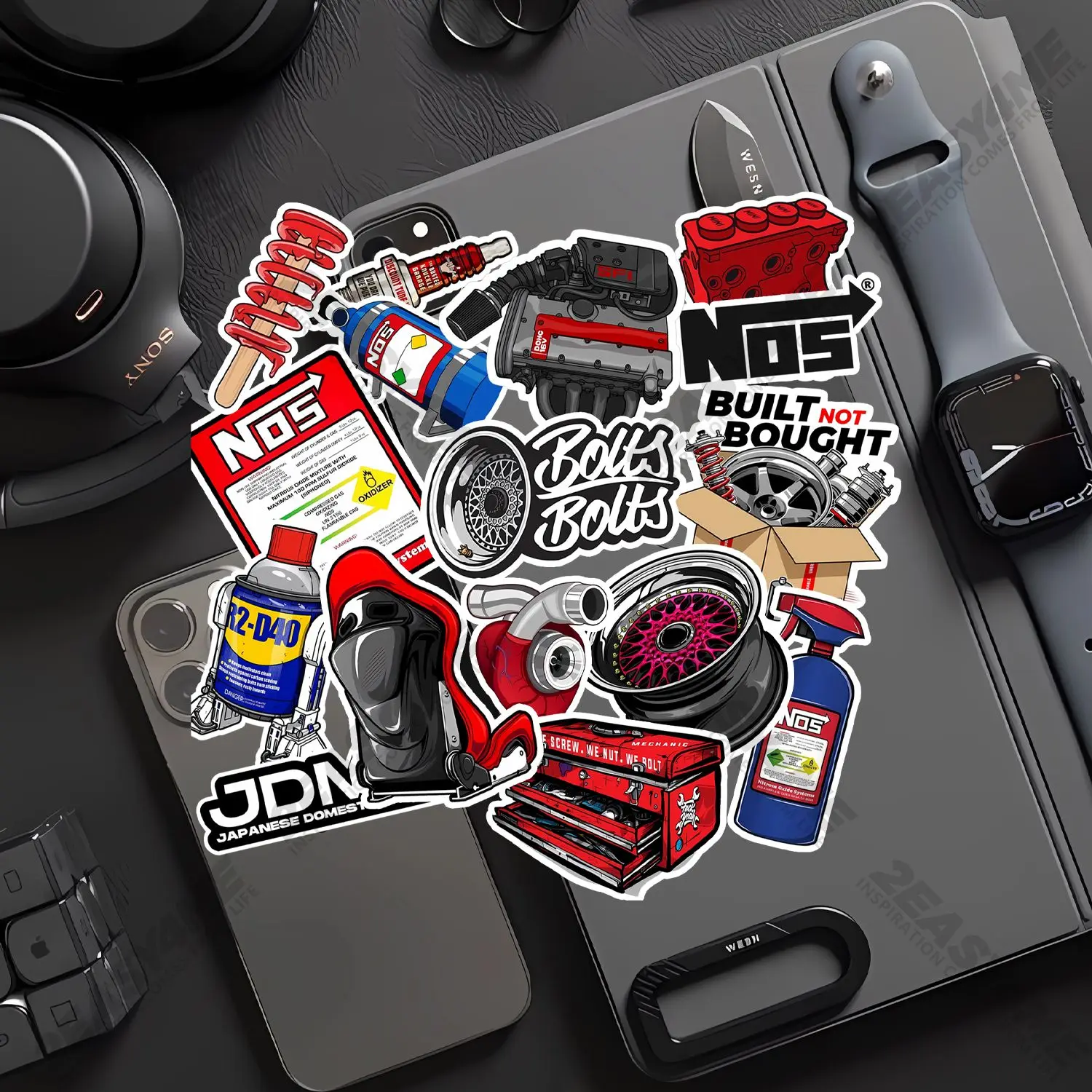 16pcs JDM Car Modification Stickers NOS Turbo Engine Wheel Decals for Laptop Helmet Water Bottle Car Motorcycle DIY Decor