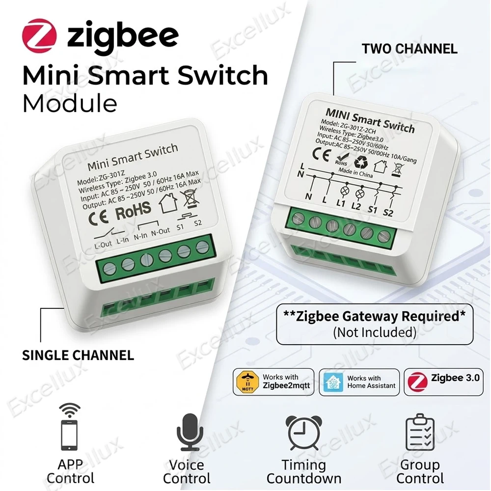 Mini Zigbee Smart Switch Module Mini Breaker 16A 1CH/2CH Relay Smart Home Automation Works with Zigbee2MQTT Need Zigbee Gateway
