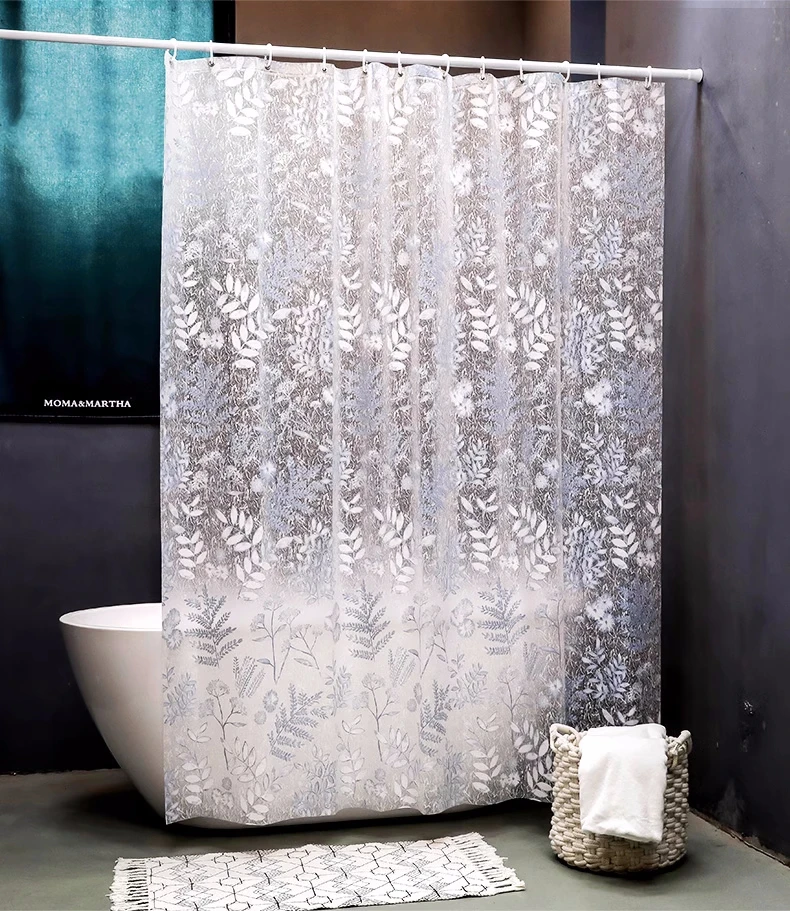 Biodegradable EVA Shower Curtain - Waterproof & Mildew-Resistant with Hooks, Blue Jacaranda Design, Matt Finish