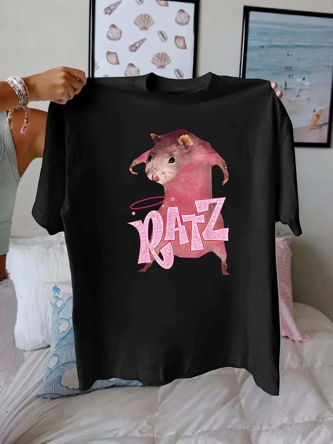 

Ratz Women's Casual Short Sleeve T-Shirt - Humorous Pink Rat Graphic & Glitter Text Print, Black Round Neck Summer Top, Medium
