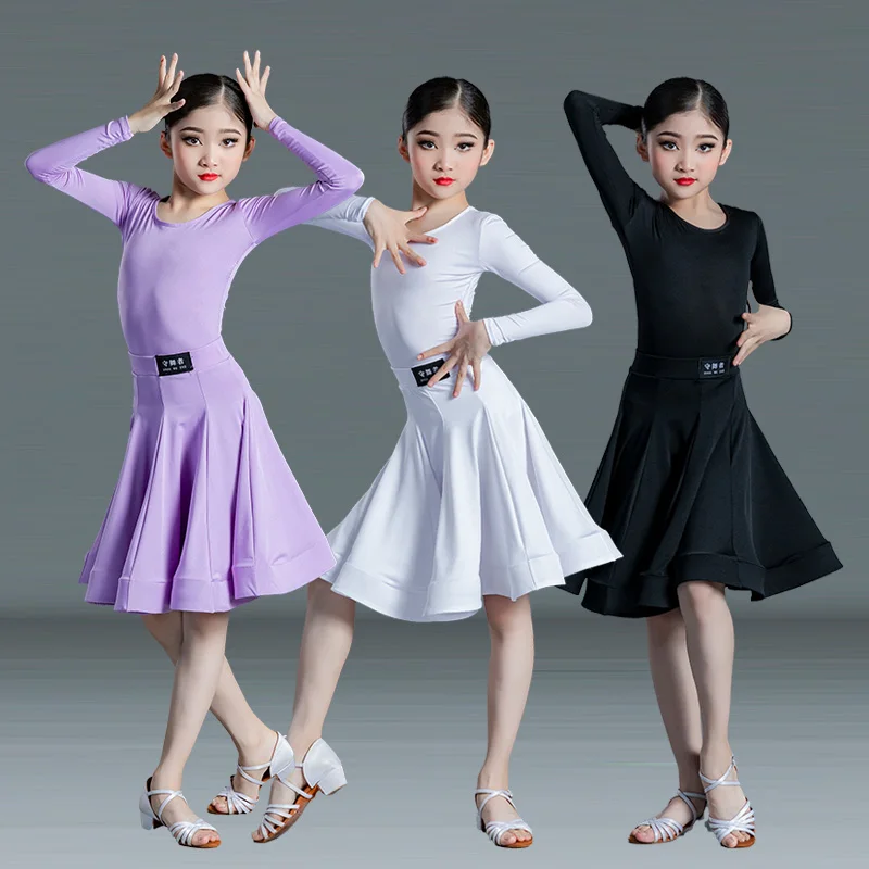 Neue Kinder Latin Dance Kleid Mädchen Tanz Übungs kleid Latin Dance Kleid Langarm Wettbewerb Split Kleid Frauen Perfo