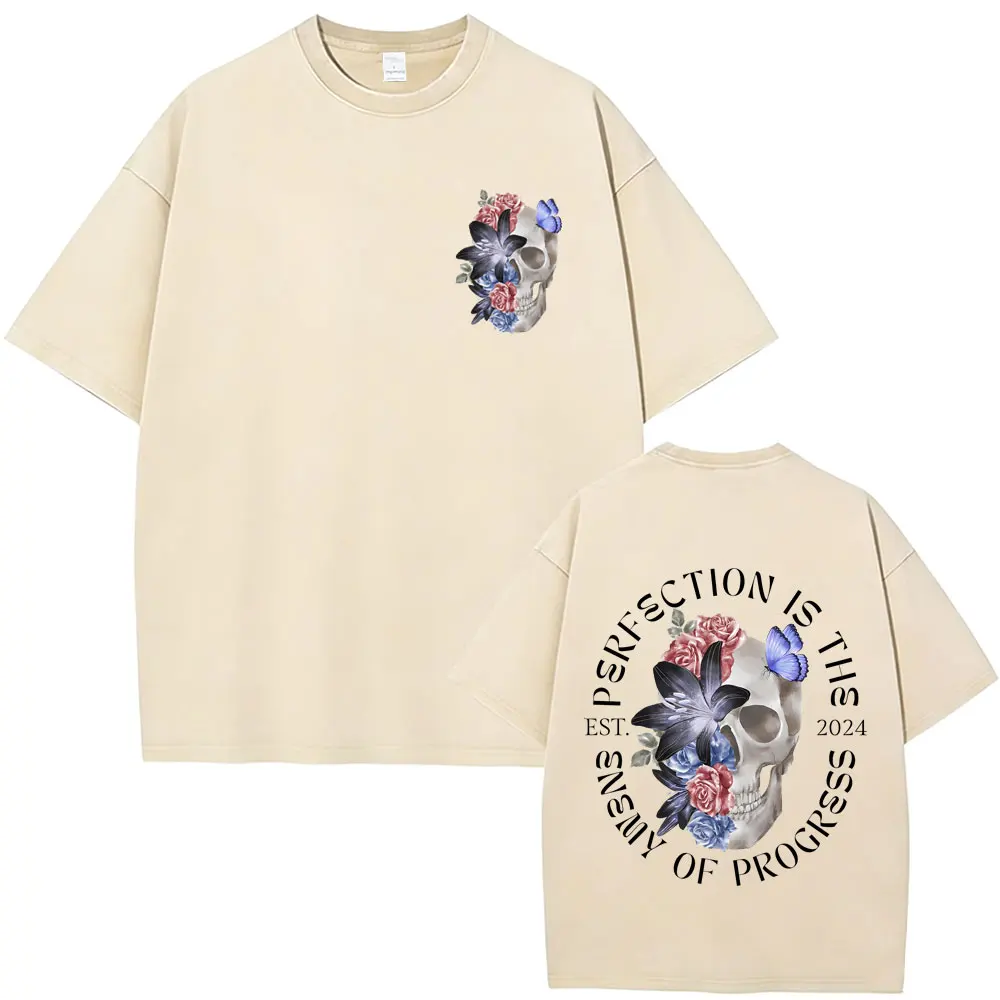 

Perfection Is The Enemy of Progress Skeleton Vintage Washed T-shirt Men Women Gym Fitness Casual Cotton T Shirt Male Streetwear