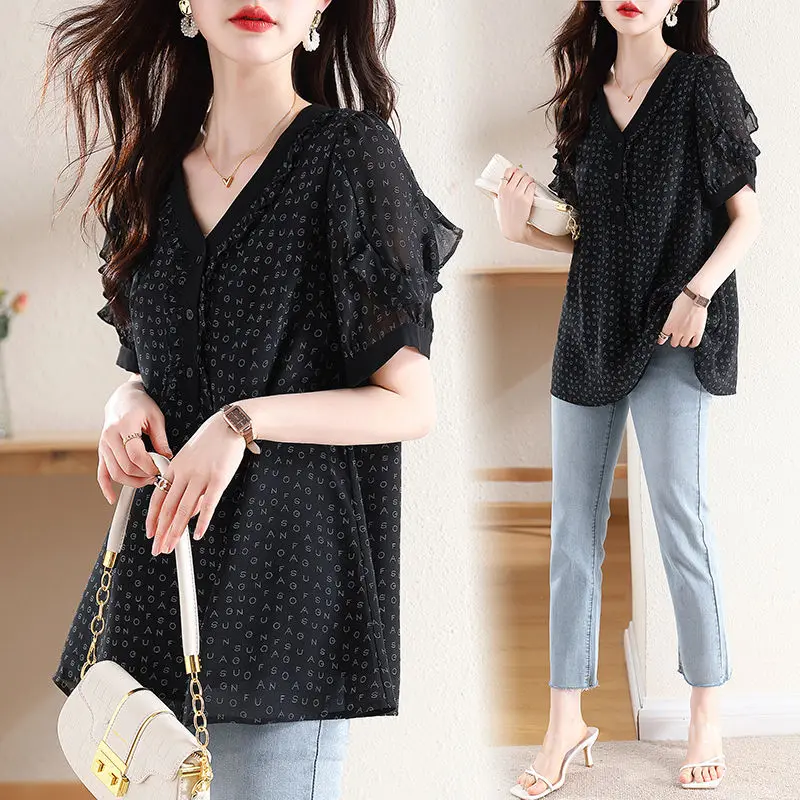 Summer New V-neck High Street Short Sleeve Blouse Women High Street Casual Loose Pullovers Printing Ruffles Patchwork Chic Tops