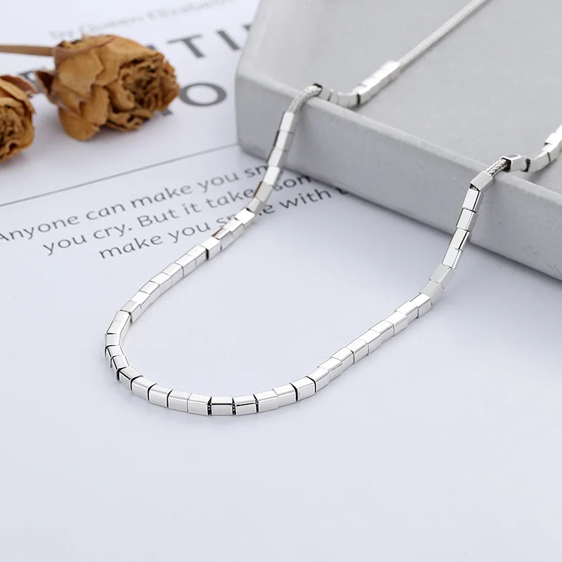 925 Sterling Silver Necklace with Small Square Patchwork Fox tail Chain for Women and Man