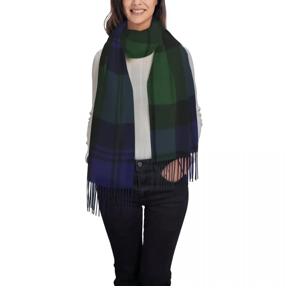 Black Watch Tartan Clock Green And Blue Tassel Scarf Women Winter Fall Warm Shawls Wraps Female Clans of Scotland Scarves