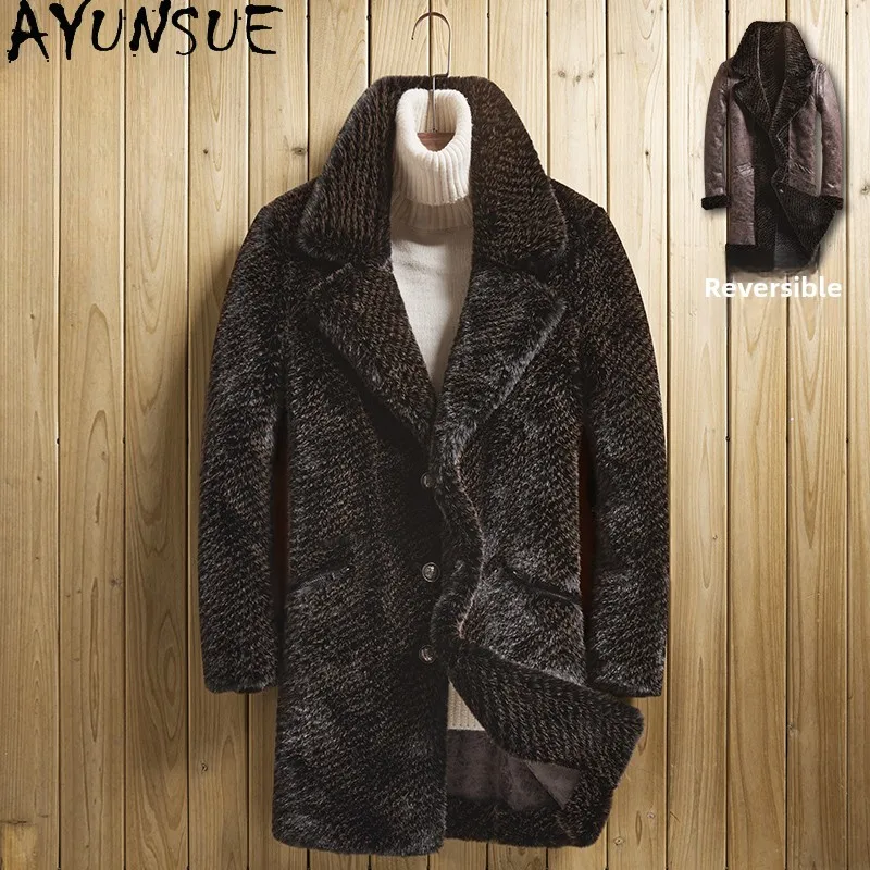 AYUNSUE Winter Faux Mink Fur Mens Jacket Turn-down Collar Mens Clothing Reversible Winter Outwear Long Mens Casacas Para Hombre