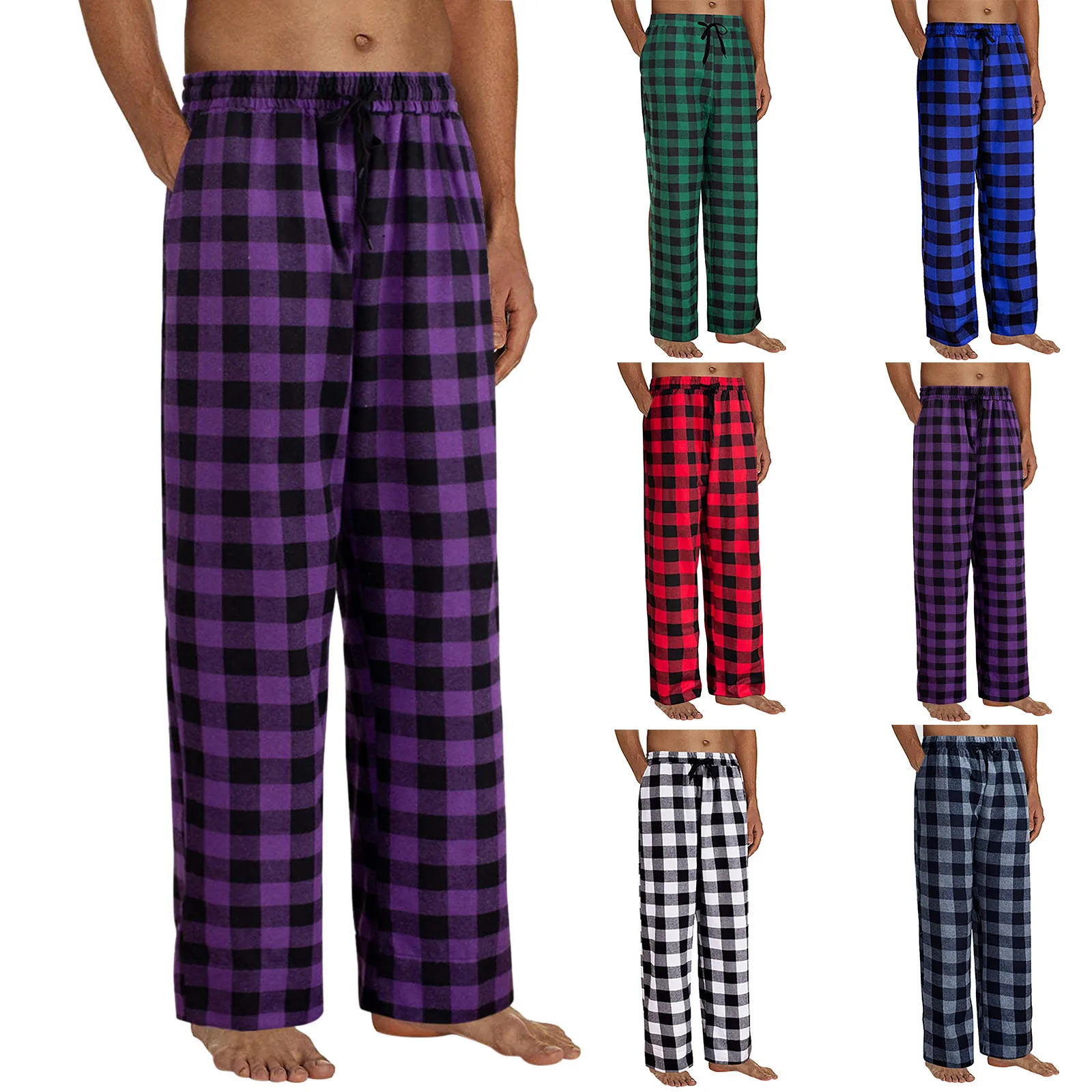 Men Pajamas Plaid Pants Sleep Long Pant With Pockets Soft Pj Bottoms Classic Home Wear Elastic Waist Korean Fashion Clothing