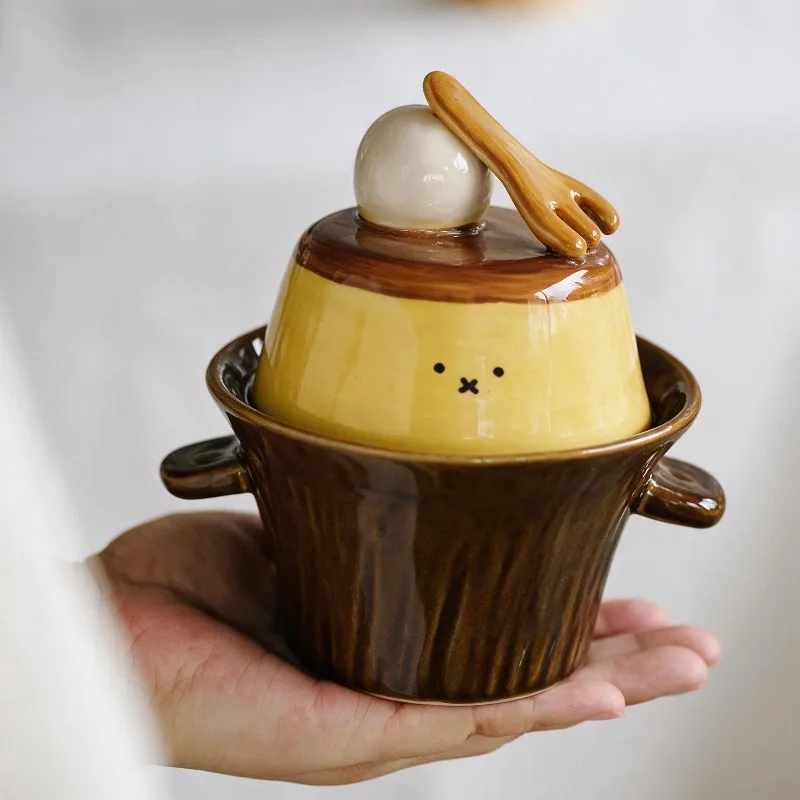 Ceramic Double Handle Covered Bowl, Dessert Pudding Double Boiler Stew Pot, Steamed Egg Porridge Bird Nest, Kitchenware Sets