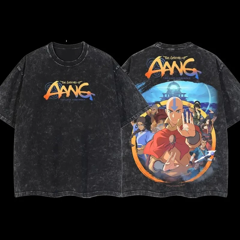 Anime Avatar The Last Airbender Aang Graphic T Shirt Men Women Clothing Casual Cotton Tshirt Retro Washed T-shirt Harajuku Tops