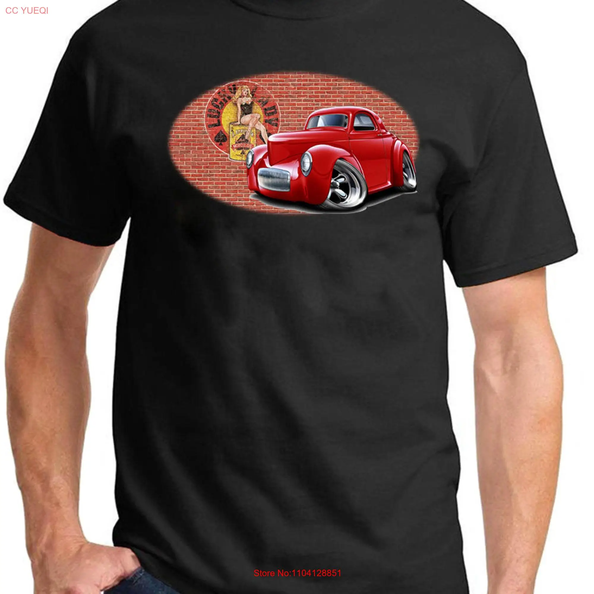 1941 Willys Hot Rod Red Car Brick Wall Full Color Design T Shirt long or short sleeves