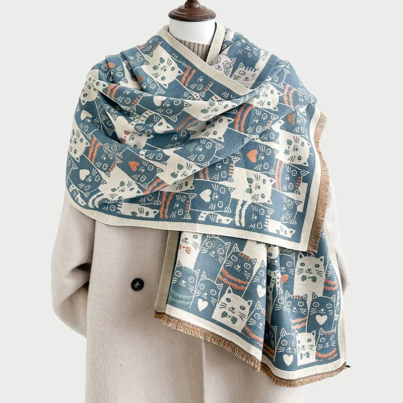 Women's Cat-Patterned Faux Cashmere Scarf Versatile Thickened Warm Shawl European American Style Winter Fashion Accessory