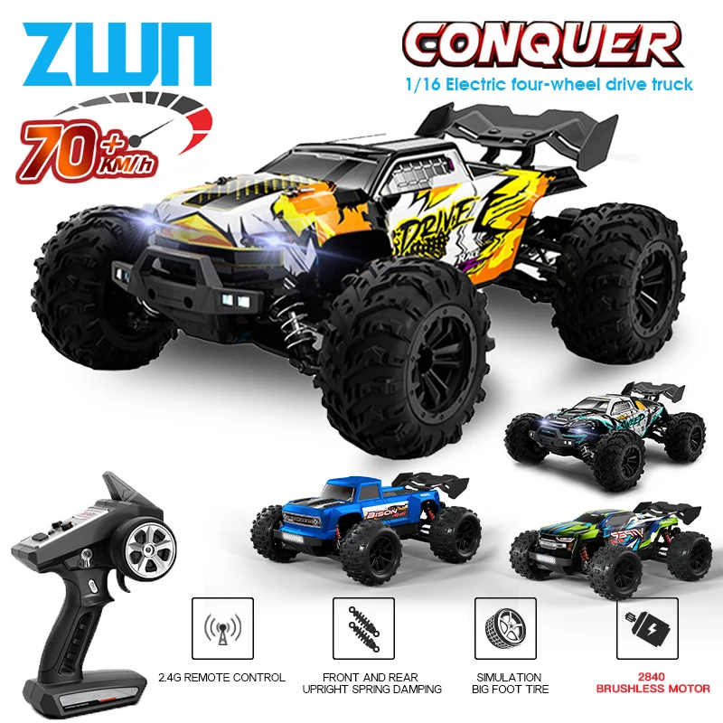 ZWN 1:16 LED 헤드라이트 장착 RC 자동차, 리모컨 자동차, 고속 드리프트 몬스터 트럭, Wltoys 144010 장난감, 70 KM/H 4WD 