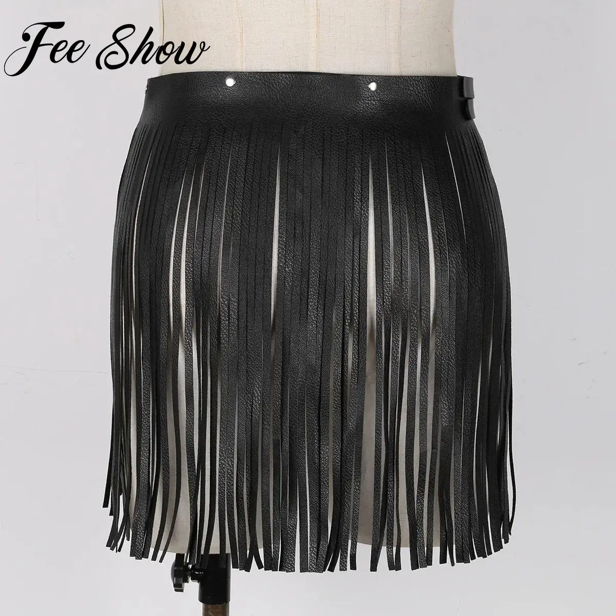 

Fashion Women Faux Leather Fringe Tassel Skirts Belt Nightclub Party Dancing Costumes Adjustable Double Waist Belts with Buckles