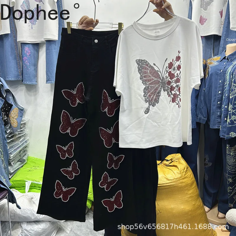 

Fashion Lady Two-piece Set Luxury Diamonds Butterfly Loose Short Sleeve T-shirt Top + Elegant High Waist Black Straight Jeans