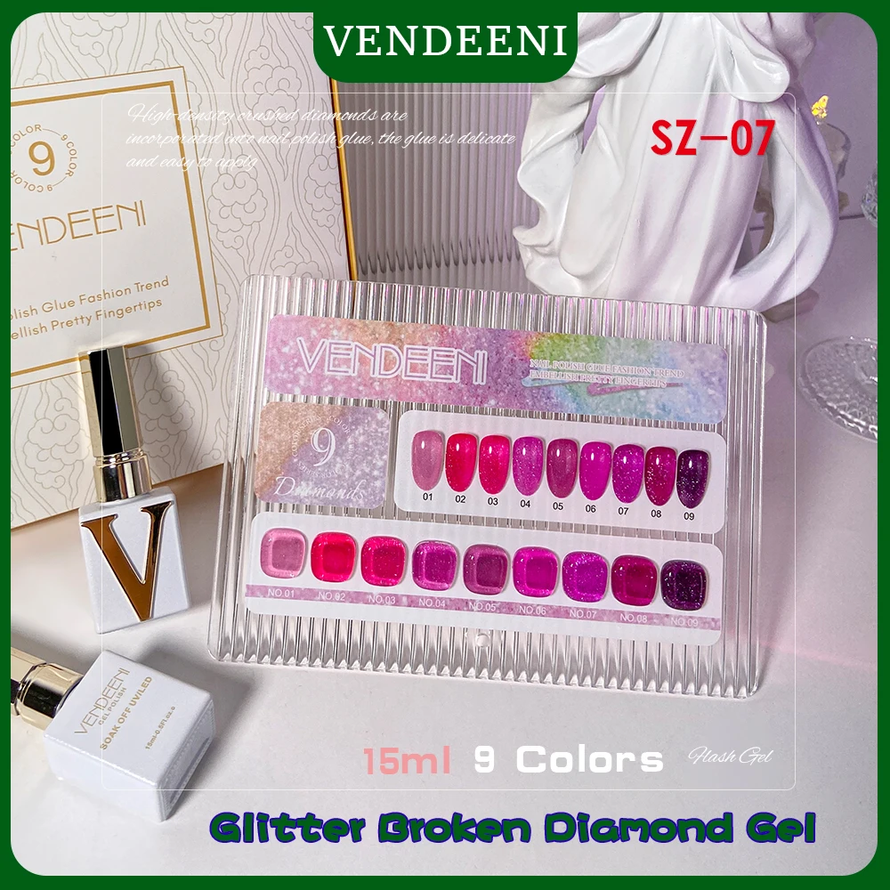 Vendeeni 15ml 9 Colors/set Rose Red Glitter Broken Diamond Gel Nail Polish Soak Off UV Led Colorful Nail Art Varnish