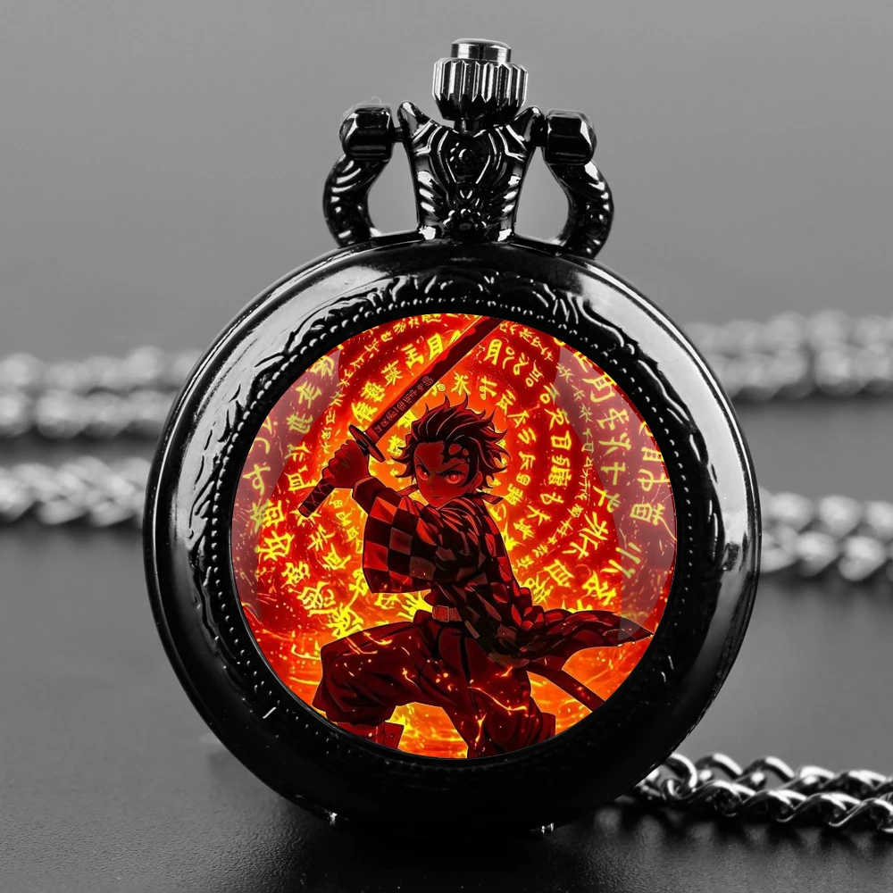 Creative Demon Slayer Design Glass Dome Practical Quartz Pocket Watch Fob Chain Necklace Mens Kids Gifts Clock Back-to-school