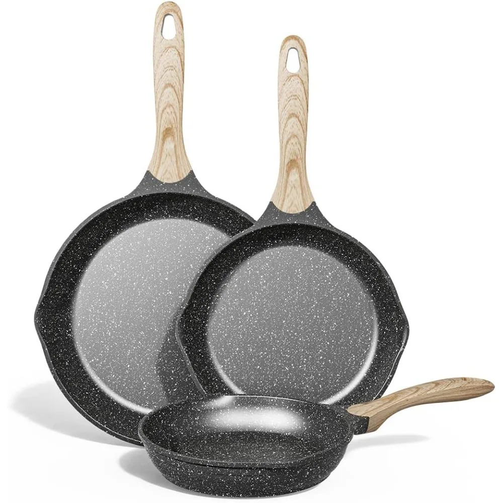 

Granite Non-Stick Frying Pan Set, 3-Piece Omelette Skillet Collection with Bakelite Handles, Sizes 8, 9.5, and 11 Inches