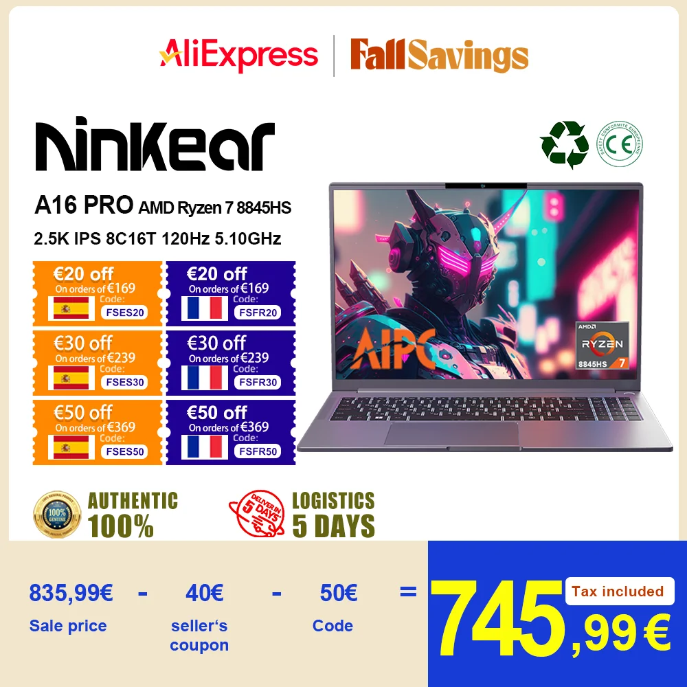 Ordinateur portable de jeu Ninkear A16 PRO, AMD Ryzen™Clavier rétro4.2 WiFi 6, 7 8845HS ettes à 5.10GHz 16 '2.5K IPS 120Hz 32 Go DDR5 + 1 To SSD