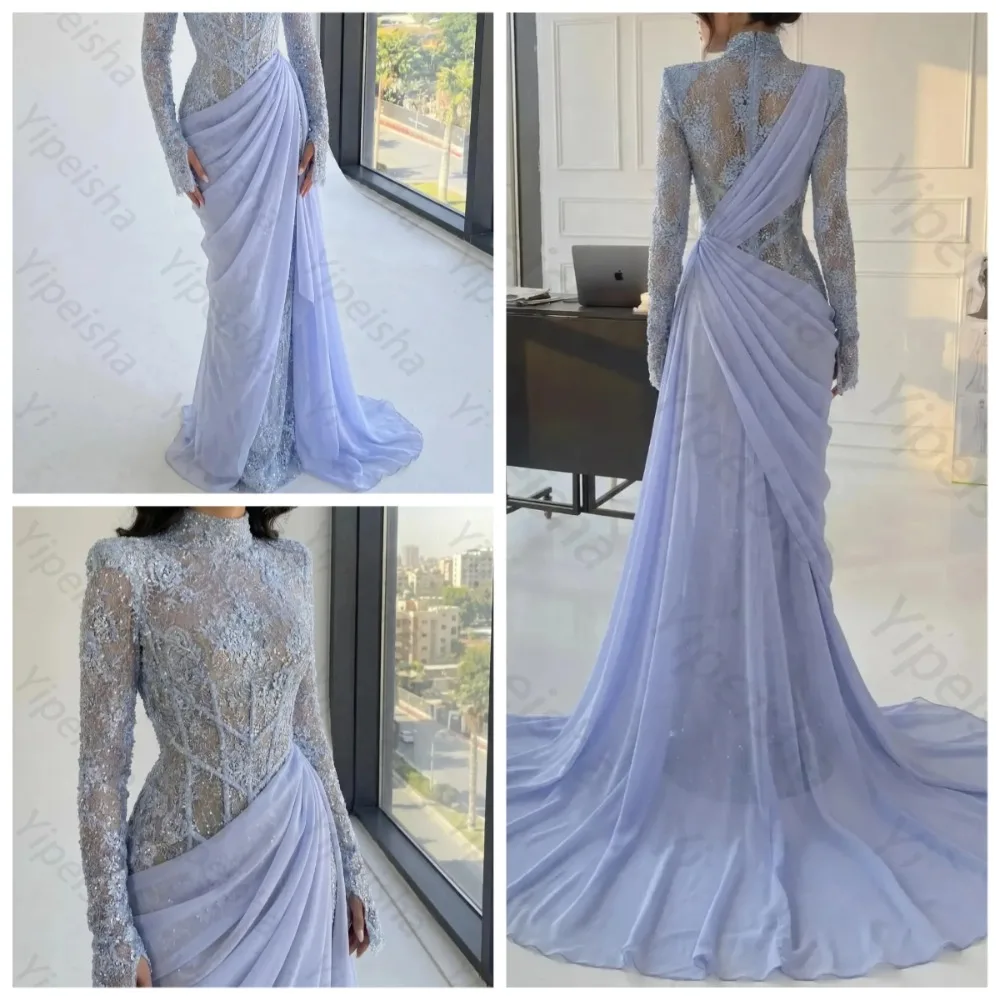 Customization Luxury Long Sleeve Mermaid Evening Dress High Neck Lace Draped Chiffon Party Gowns Formal Occasions Prom Gown