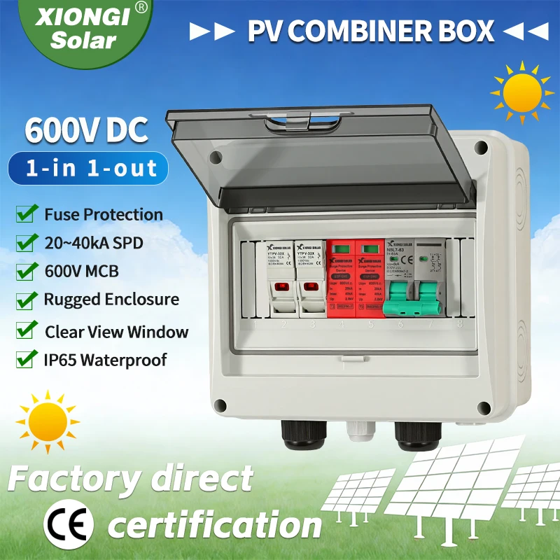 

1 PCS Solar photovoltaic PV DC Combiner Box Surge Lightning Protection 1 input 1 out DC 600V Fuse MCB SPD DB Waterproof Box IP65