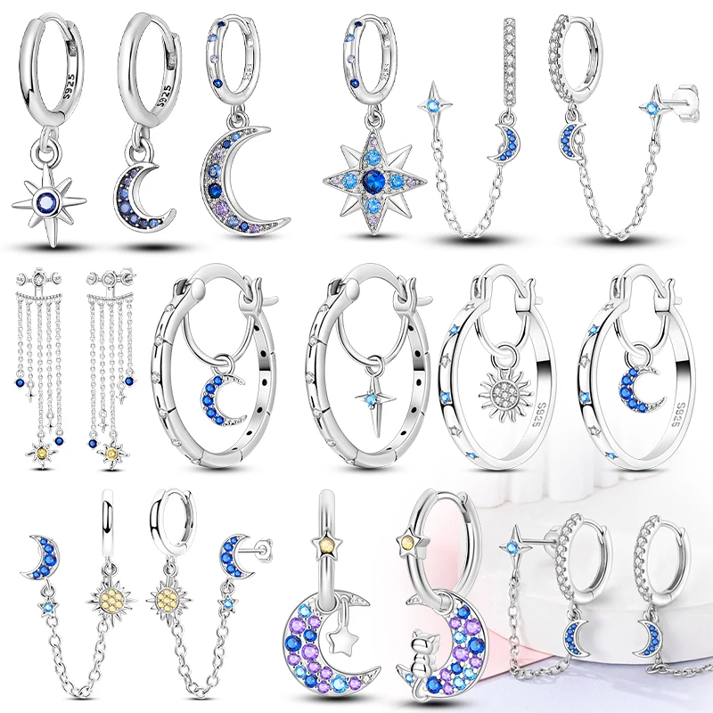 925 Sterling Silver Earrings for Women Girl Ear Hoop Sparkling Sun Moon Starry Sky Earring Fashion Party Jewery Gift Accessories