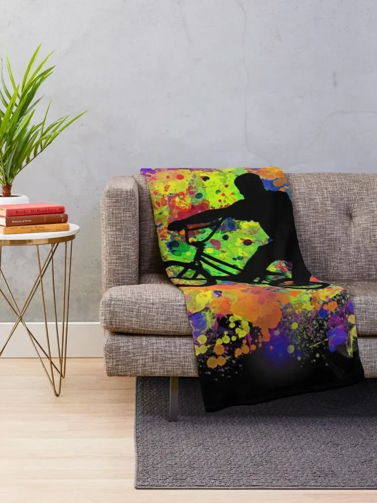 Extreme Sports BMX Bike Coloured Splash Illustration Throw Blanket Furrys Sofa Throw Blankets