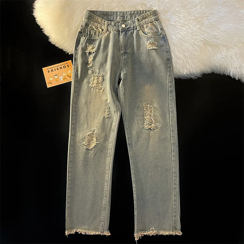 

Retro Washed American High Street Men's Jeans Trendy Loose Straight Leg Streetwear Suitable for All Casual Occasions