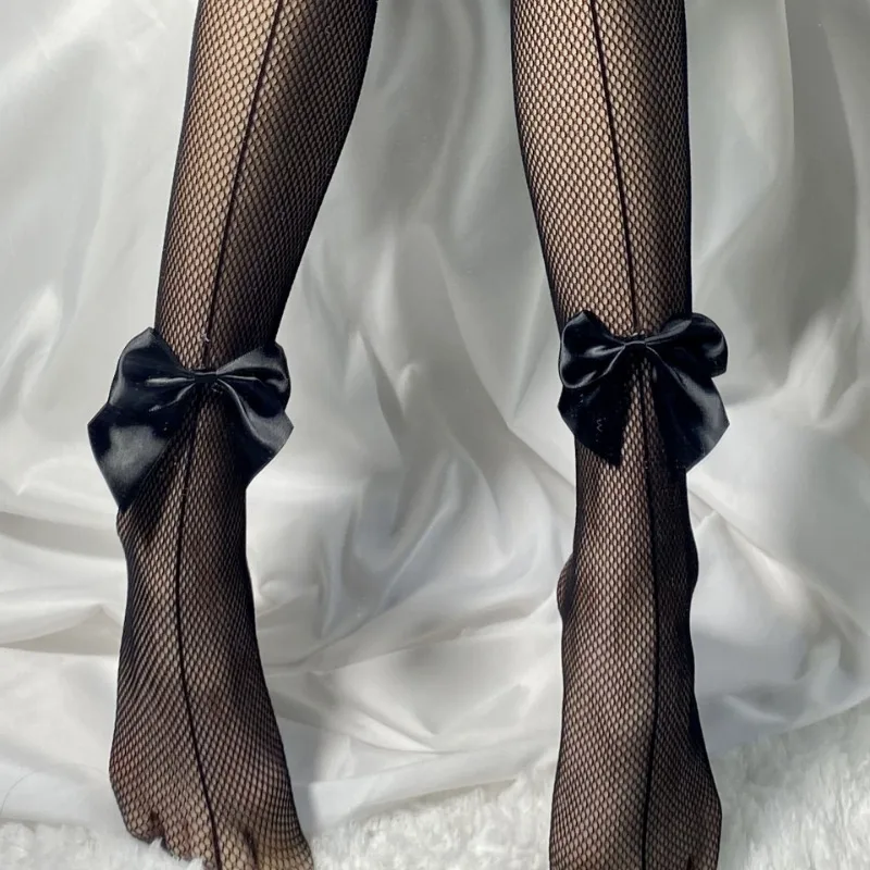 Exotische große Schleife Sexy Netzspitzenstrümpfe Damen Nylon Slim Mesh Strumpfhosen Gothic Hollow Out Thin Sheer Strumpfhosen JK Lolita Socken