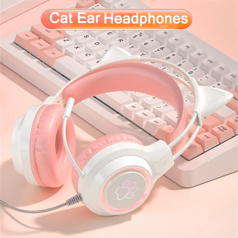

Симпатичные Проводные Игровые наушники с кошачьими ушками, Kawaii RGB, геймерские стандартные наушники с микрофоном, эргономичные стереонаушники с шумоподавлением для ПК и мальчиков