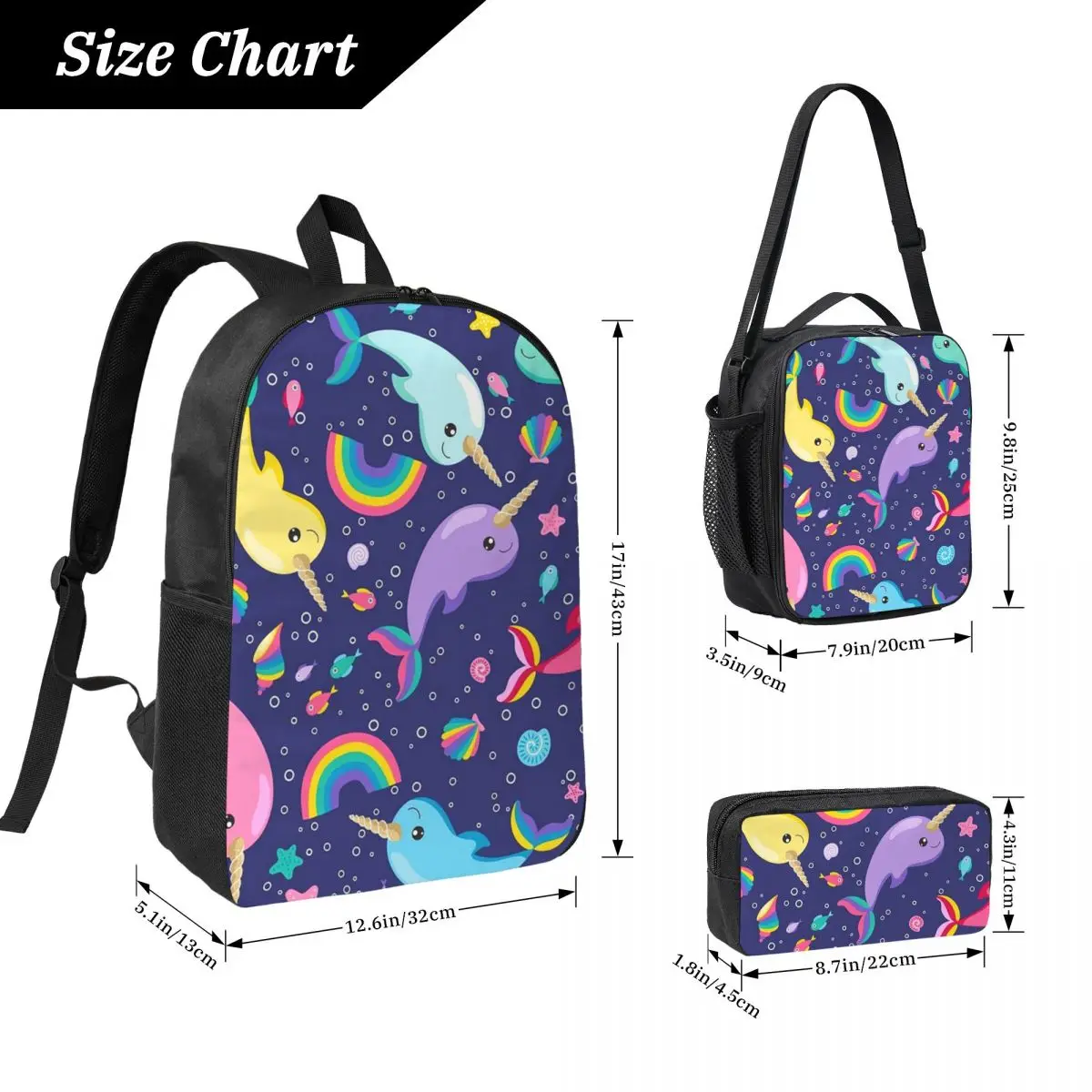 Rainbow Narwhals Under The Sea Blue Backpack BookBag School Bag Computer Shoulder Bags 3ps Insulated Lunch Bag Pencil Case