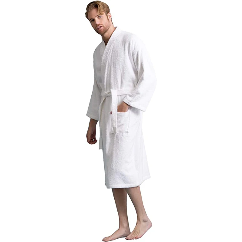 Absorb Water Men\'s Bathrobe Solid Long Sleeve Pockets Kimono With Sashes Terry Cotton Luxury Dressing Gown For Man 2024