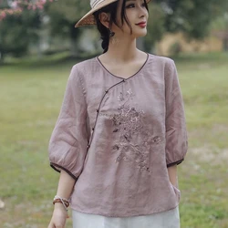 2024 new chinese style vintage improved qipao top loose daily leisure cotton linen top elegant temperament embroidery tea blouse