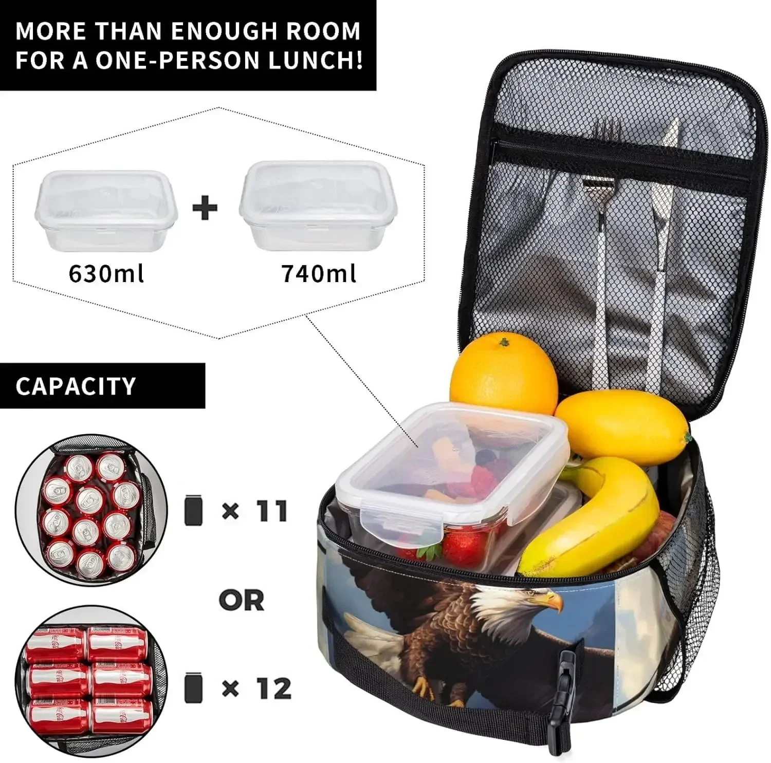 صندوق غداء النسر الأصلع للأطفال البالغين والبنات والأولاد حقيبة غداء النسر الأمريكي حقيبة غداء معزولة قابلة لإعادة الاستخدام