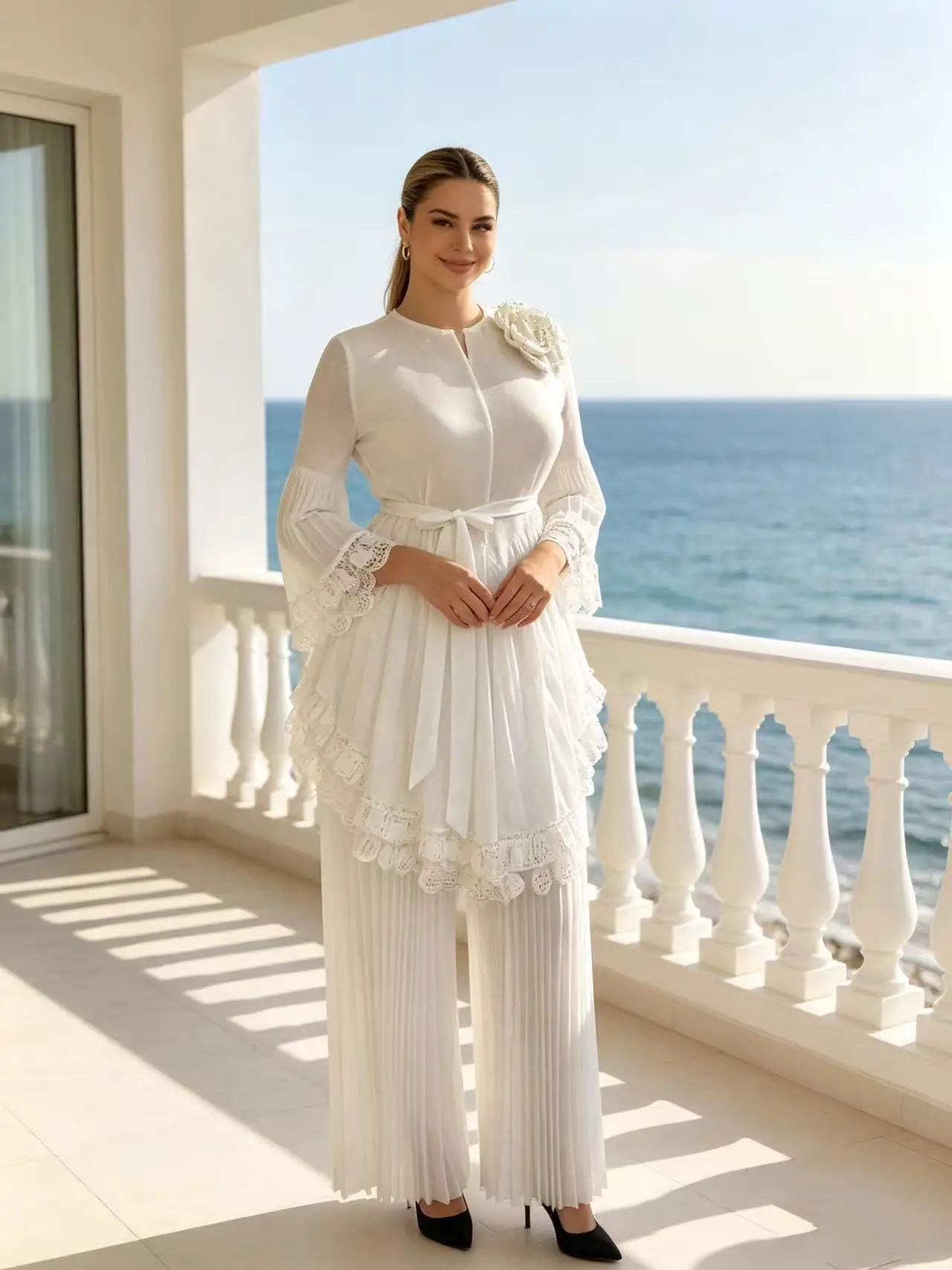 2026 Miyake African Pleated High-end Fashion Loose Suit Women's Bronzing Three-dimensional Flower Wide-leg Pants Two-piece Set