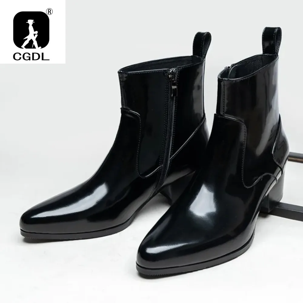 Botas de plataforma masculinas de couro envernizado com saltos de luxo couro de vaca real sapatos quentes de inverno aumentar altura 5 cm zíper lateral sem atacadores