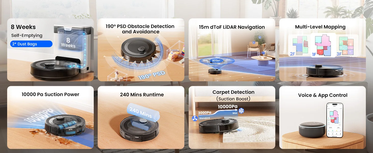 Lefant M2S Pro Roboter-Staubsauger- und Wisch-Kombination, 8 Wochen selbstentleerend, 10000 Pa Saugleistung, LiDAR-Navigations-Roboterstaubsauger, 240 Minuten – Detail 14