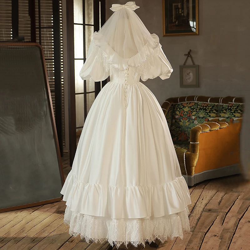 AnXin SH princess flower lace satin white o neck ruffles beading pearls puff sleeve ball gown lace up customized evening dress