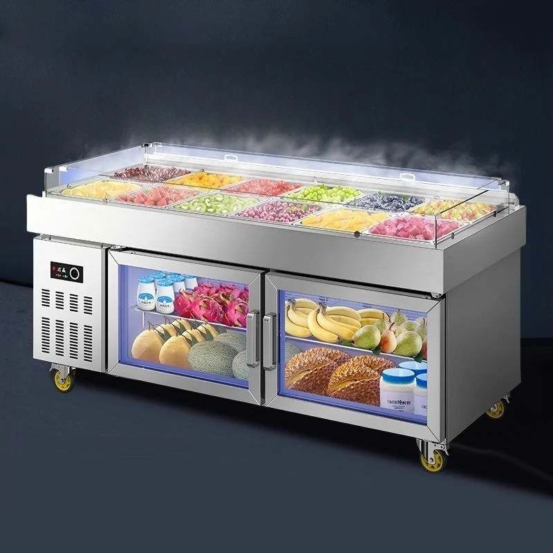 Fruit fishing display cabinet, spray refrigerated salad table slotted commercial fresh-keeping cabinet