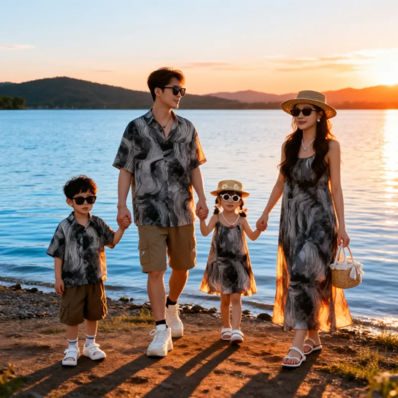 Beach Vacation Family Matching Outfit Summer Mommy Daughter Cami Dress Daddy Son Short Sleeve Shirt Abstract Art Holiday Clothes