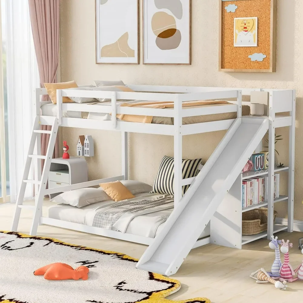 Full Over Full Bunk Beds with Slide and Storage Shelves, Wood Floor Bunk Beds Frame, Kids Bunk Bed for Bedroom, Teens Dormitory