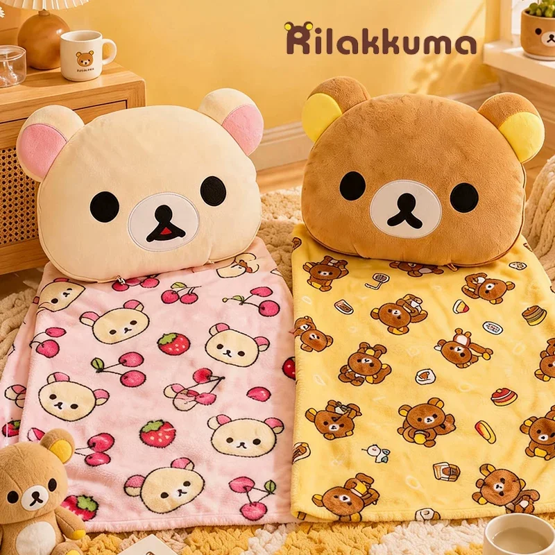 Genuine Rilakkuma 2 In 1 Plush Pillow Blanket Flannel Air Conditioner Blanket Sofa Cushion Decor Doll Toys Anime Peripheral Gift