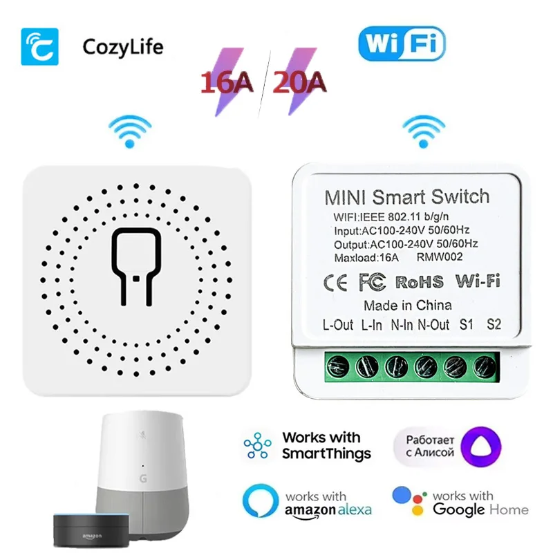 

Мини-Wi-Fi умный переключатель 16A/20A 2-сторонний таймер управления автоматический выключатель приложение и голосовое управление AC100-240V для умного дома Alexa Google Home