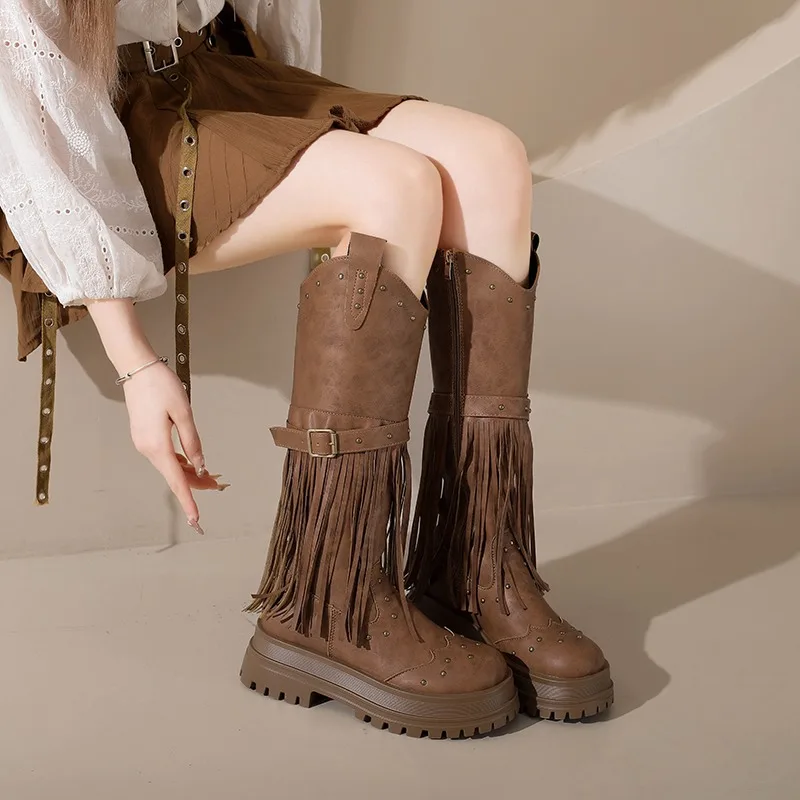 Vintage Tassel Suede Knee High Boots Women 2025 Winter Comfort Thick Bottom Western Cowboy Boots Metal Rivet Woman's Long Boots