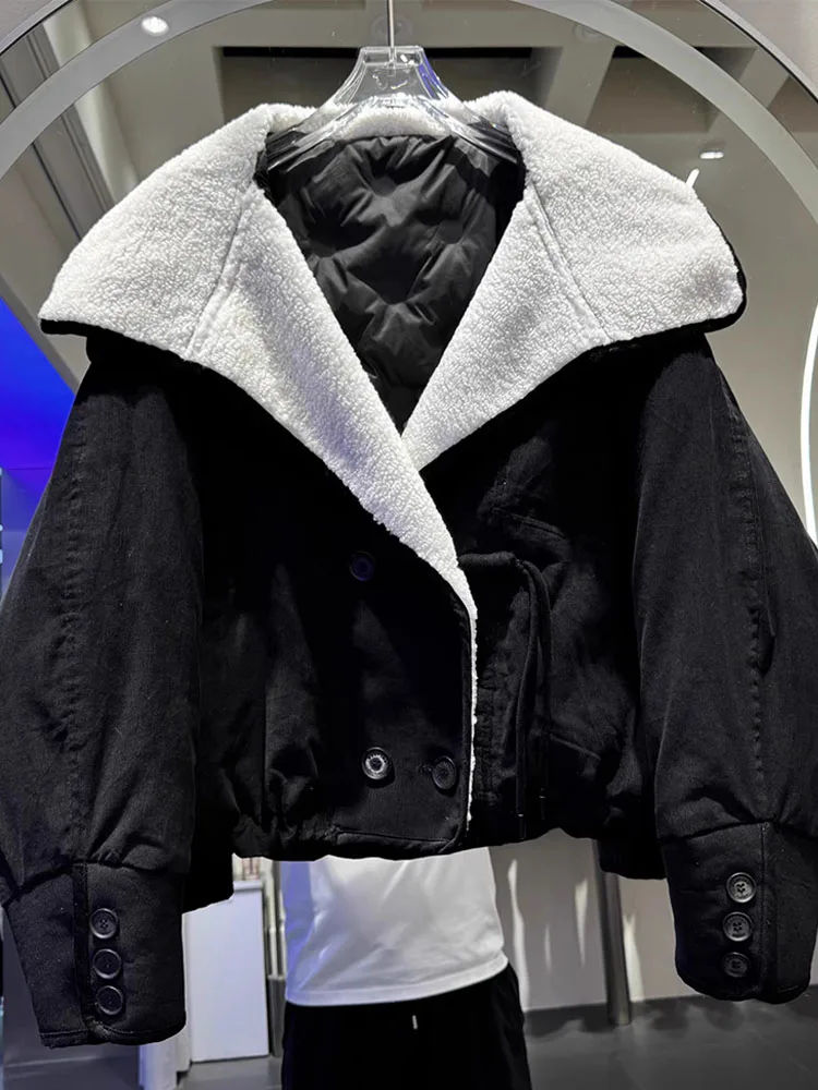 Winter Large Collar White Duck Down Jacket Short Winter Latest Lamb Fur White Duck Down Splicing Parka Women