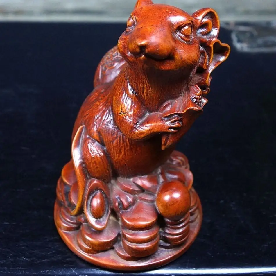 Hand Carved Wood Ingot mouse wealth mouse rat Statue Figurine Desktop Ornaments Home Decoration