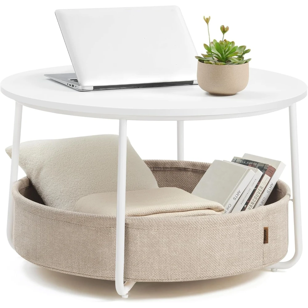 

Round Center Table with Fabric Basket, Modern Style, Metal Frame, Matte White & Camel Brown