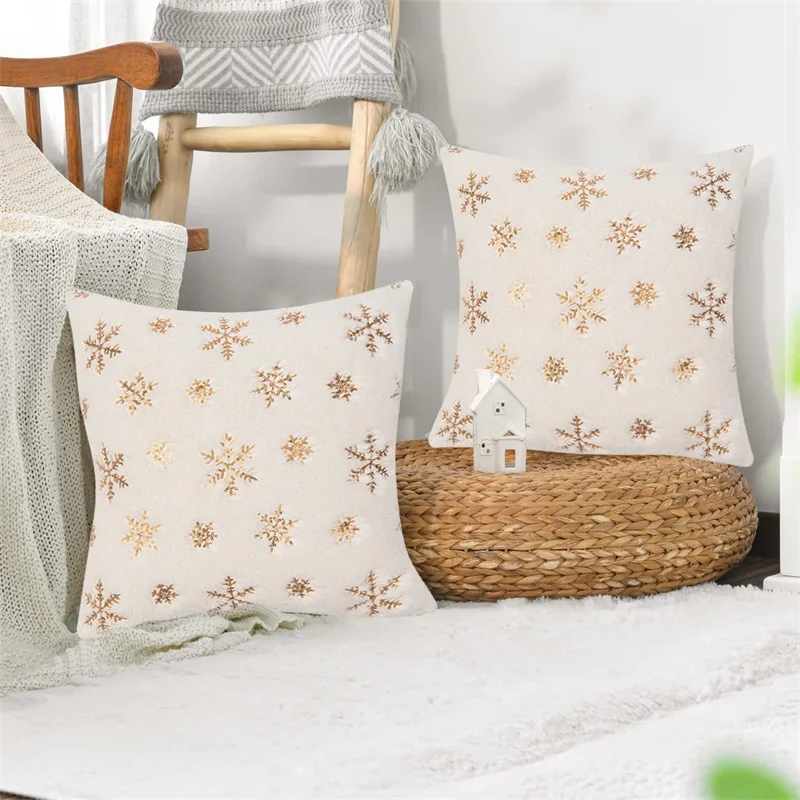 Christmas Fuzzy Pillowcase Sequin Snowflake Pattern Plush Throw Pillow Cover Cushion Case for Home