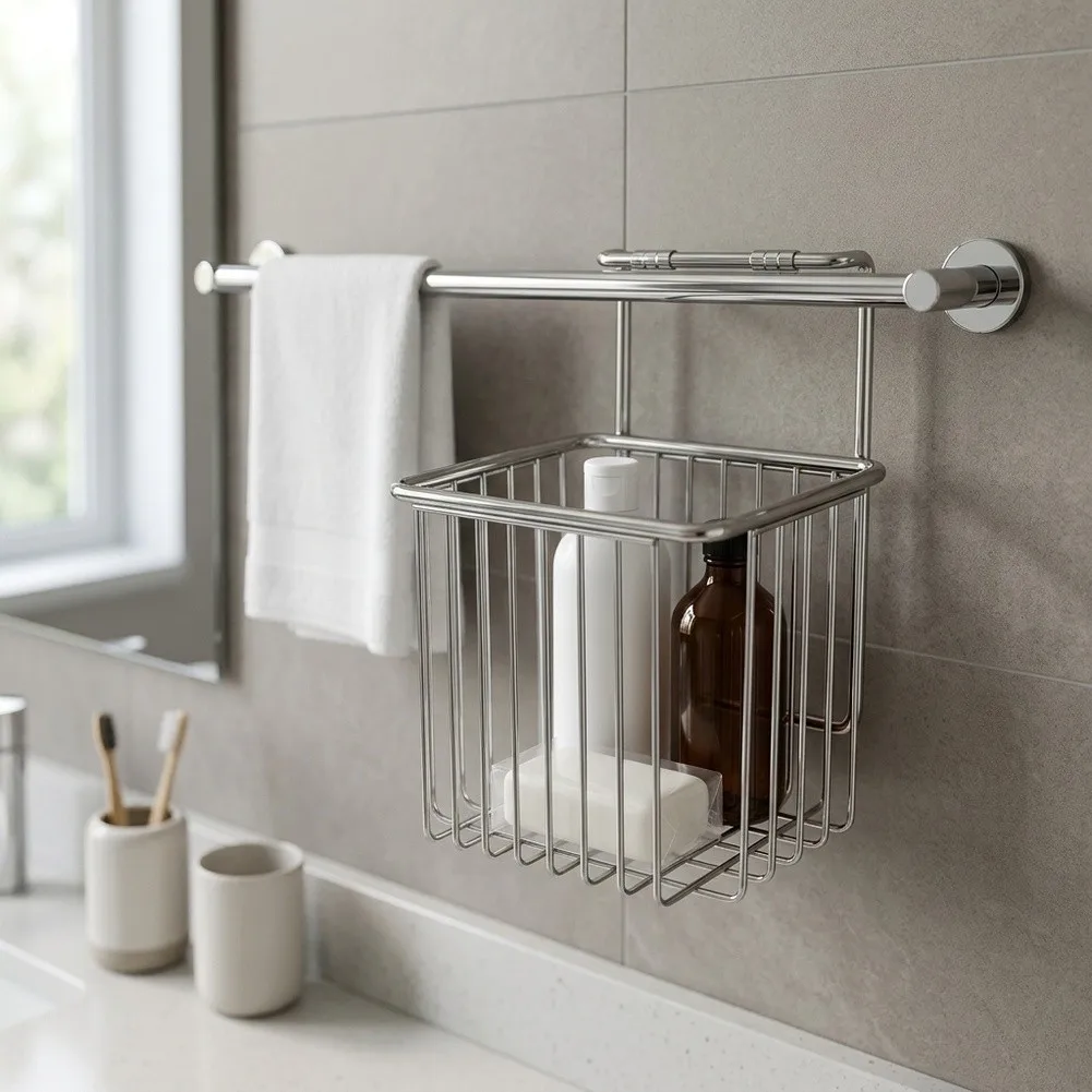 Pole Mount Holder Steel Storage Rack For Vanity Area Open Hollow Structure Robust Metal Wire No Drilling Required