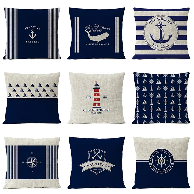 Home Decorative Navigation Blue Compass Anchor Pillow Cover Nautical Shell Fish Linen Pillow Case Mediterranean Cushion Cover